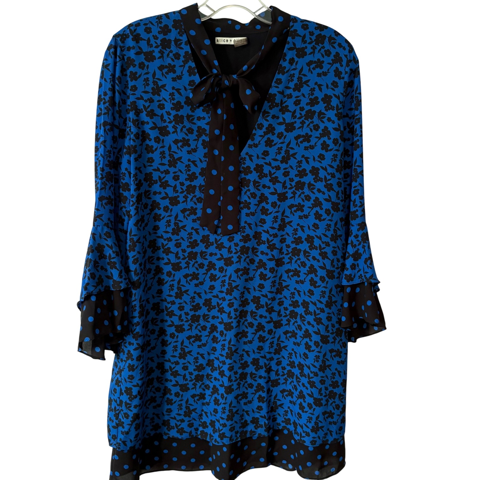 Alice & Olivia Women's Blue Black Mixed Print Wellesley Tie Neck Dress In Size M
